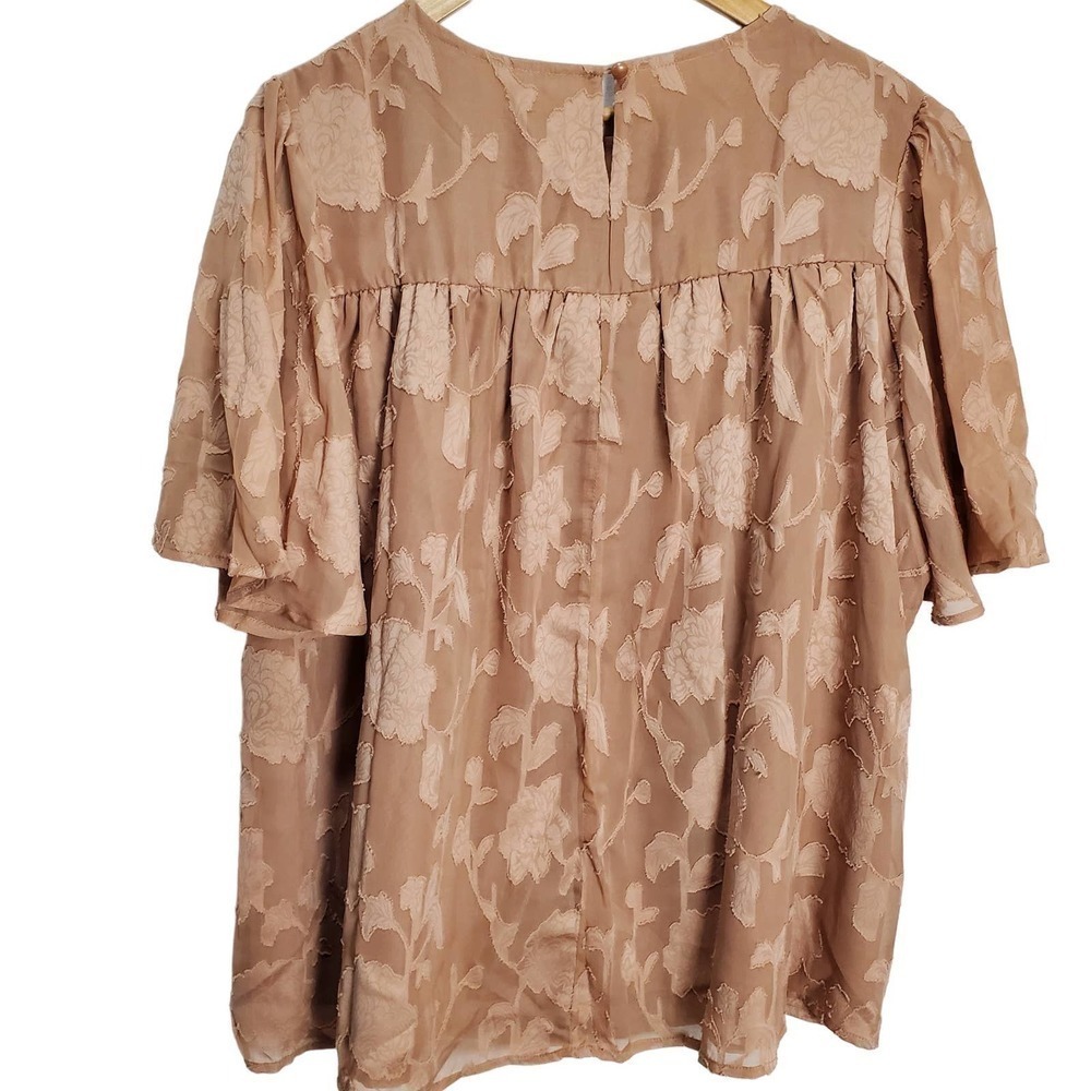 Floral Blouse Womens Size XL Tan Boxy Layered Babydoll Burnout Bell Sleeve - Picture 2 of 10